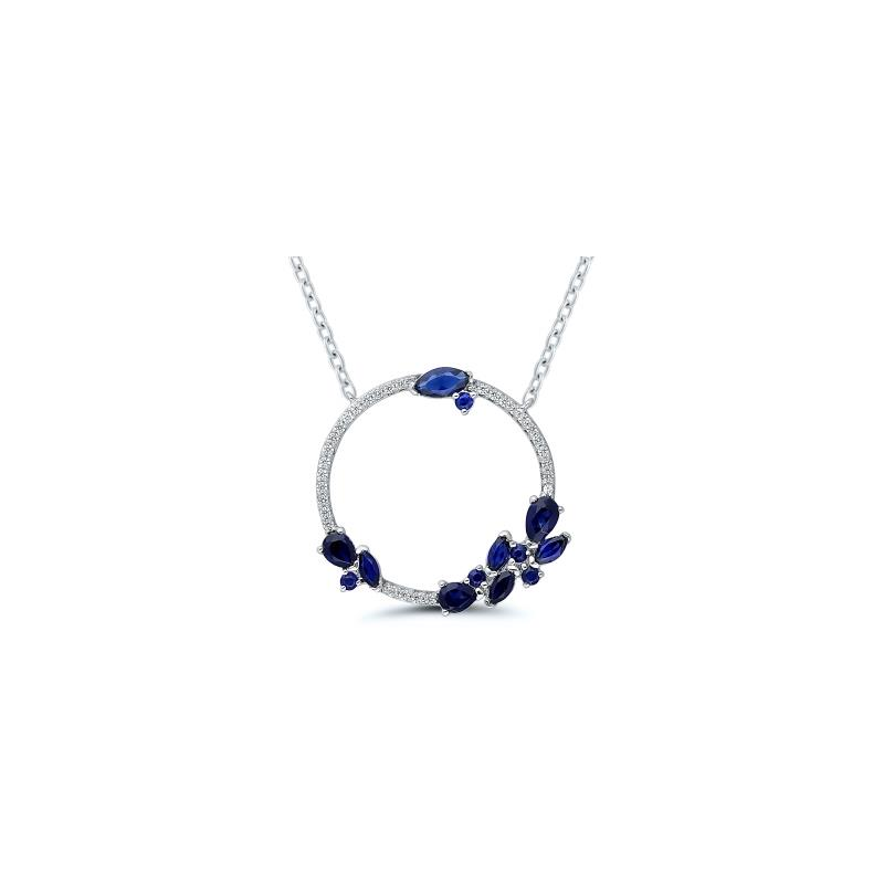 Collier or blanc 18 carats motif rond empierré diamants et saphirs