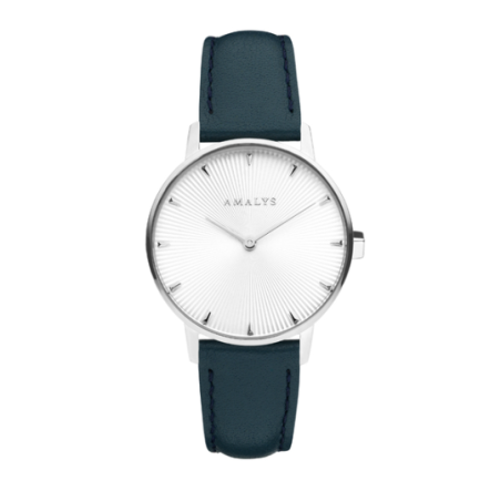 Montre AMALYS fond blanc strié cuir bleu canard