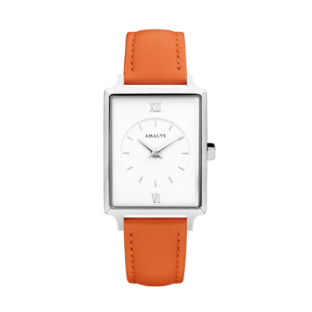 Montre AMALYS cadran rectangulaire acier bracelet cuir orange