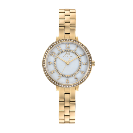 Montre CLYDA tout acier doré fond blanc nacré chiffré serti d'oxydes