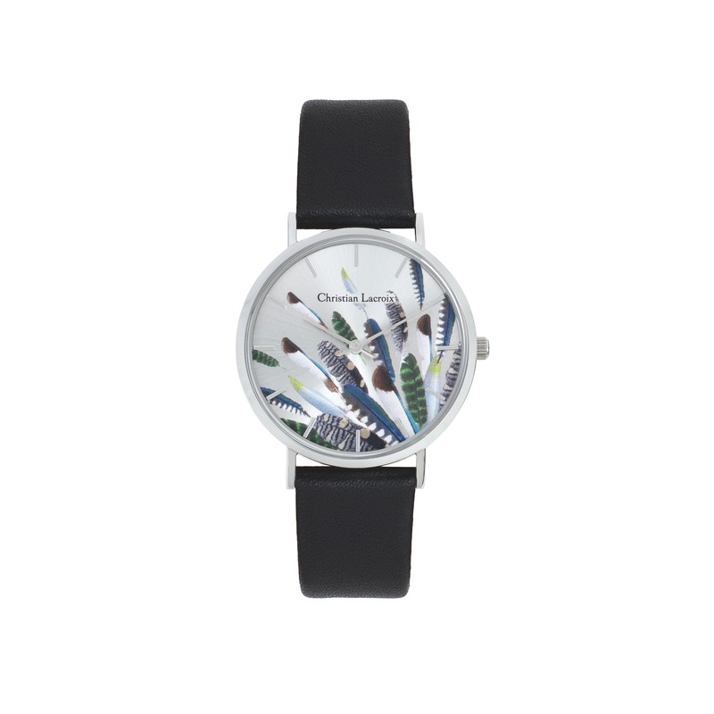 Montre CHRISTIAN LACROIX boite ronde blanche bracelet cuir noir fond motif plumes