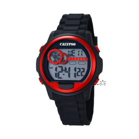 Montre enfant CALYPSO digitale bracelet silicone noir entourage cadran rouge