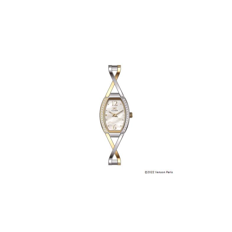 Montre CLYDA tout acier bicolore tonneau fond blanc