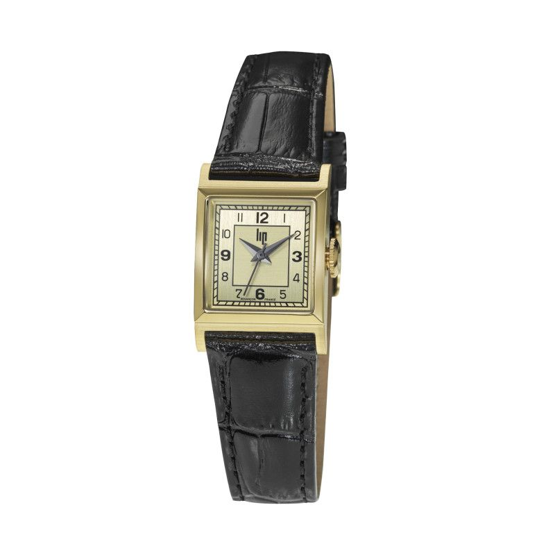 Montre LIP Churchill C18 boite carré acier doré bracelet cuir noir