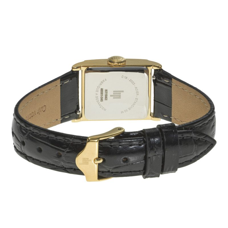 Montre LIP Churchill C18 boite carré acier doré bracelet cuir noir