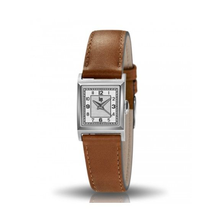 Montre LIP Churchill C18 boite carré acier bracelet cuir marron