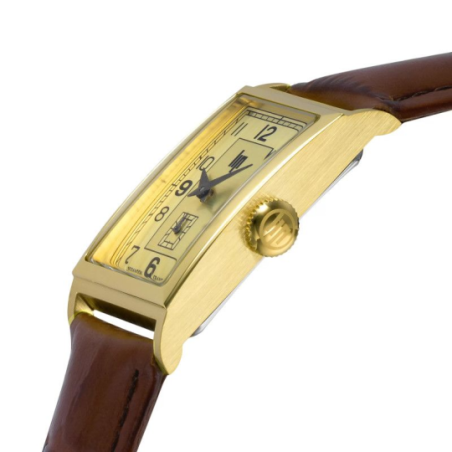 Montre LIP Churchill cadran rectangulaire acier doré bracelet cuir marron