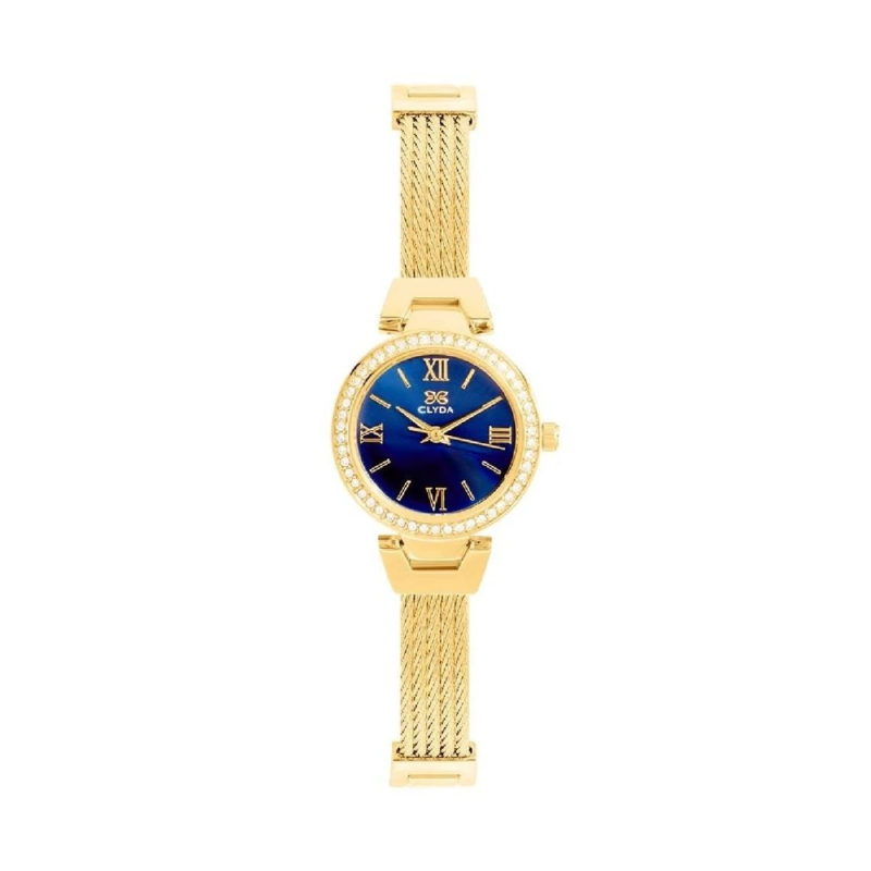 Montre CLYDA tout acier doré fond bleu