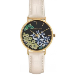 Montre CHRISTIAN LACROIX boite acier doré fond fleuri bracelet cuir blanc