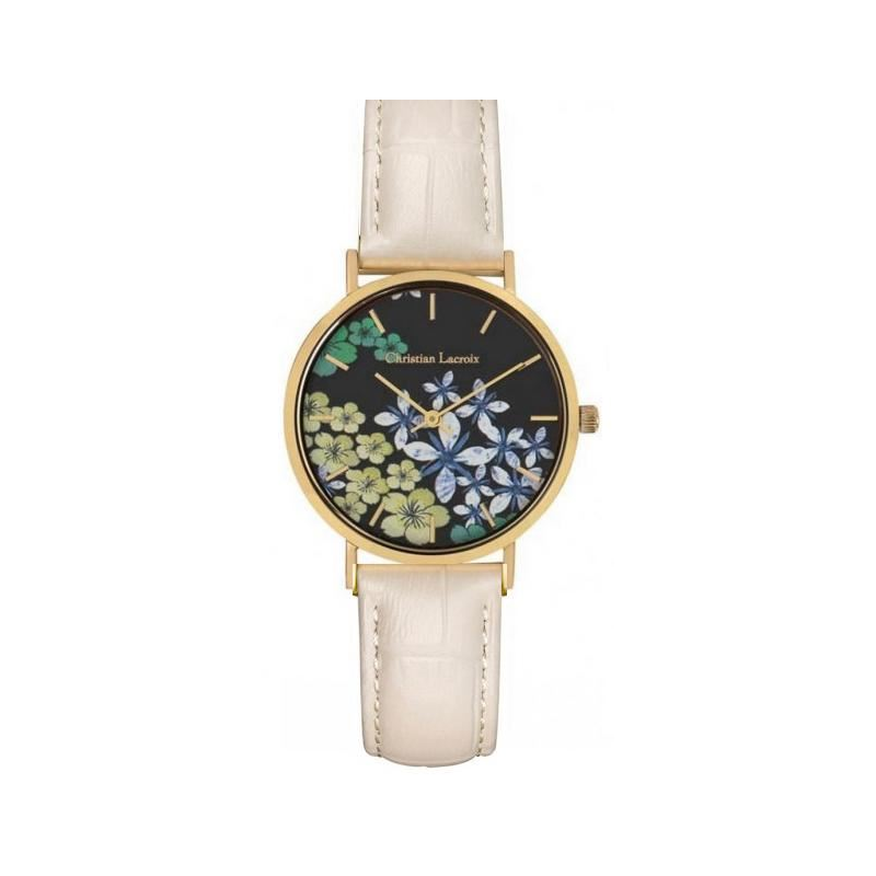 Montre CHRISTIAN LACROIX boite acier doré fond fleuri bracelet cuir blanc